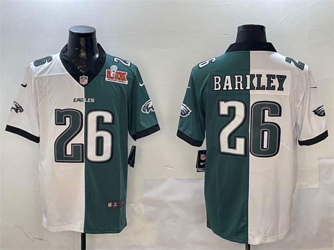 Men's White & Green Philadelphia Eagles #26 Saquon Barkley Split 2025 Super Bowl LIX Patch Vapor Untouchable Limited Stitched Football Jersey